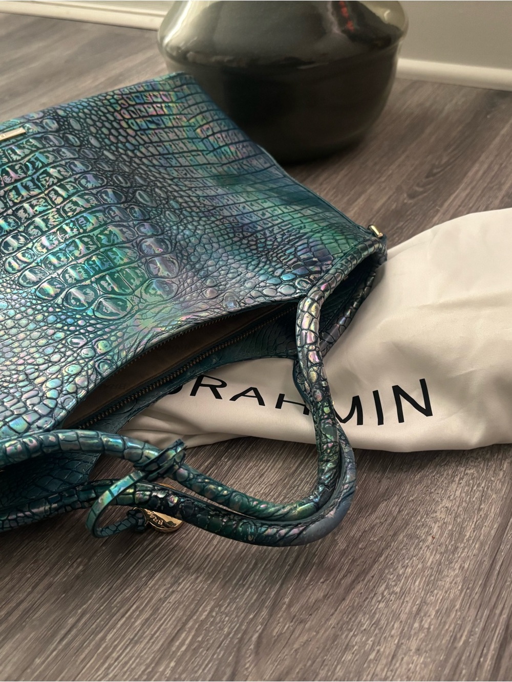 Brahmin Iridescent Teal Green Croc-Embossed Tote